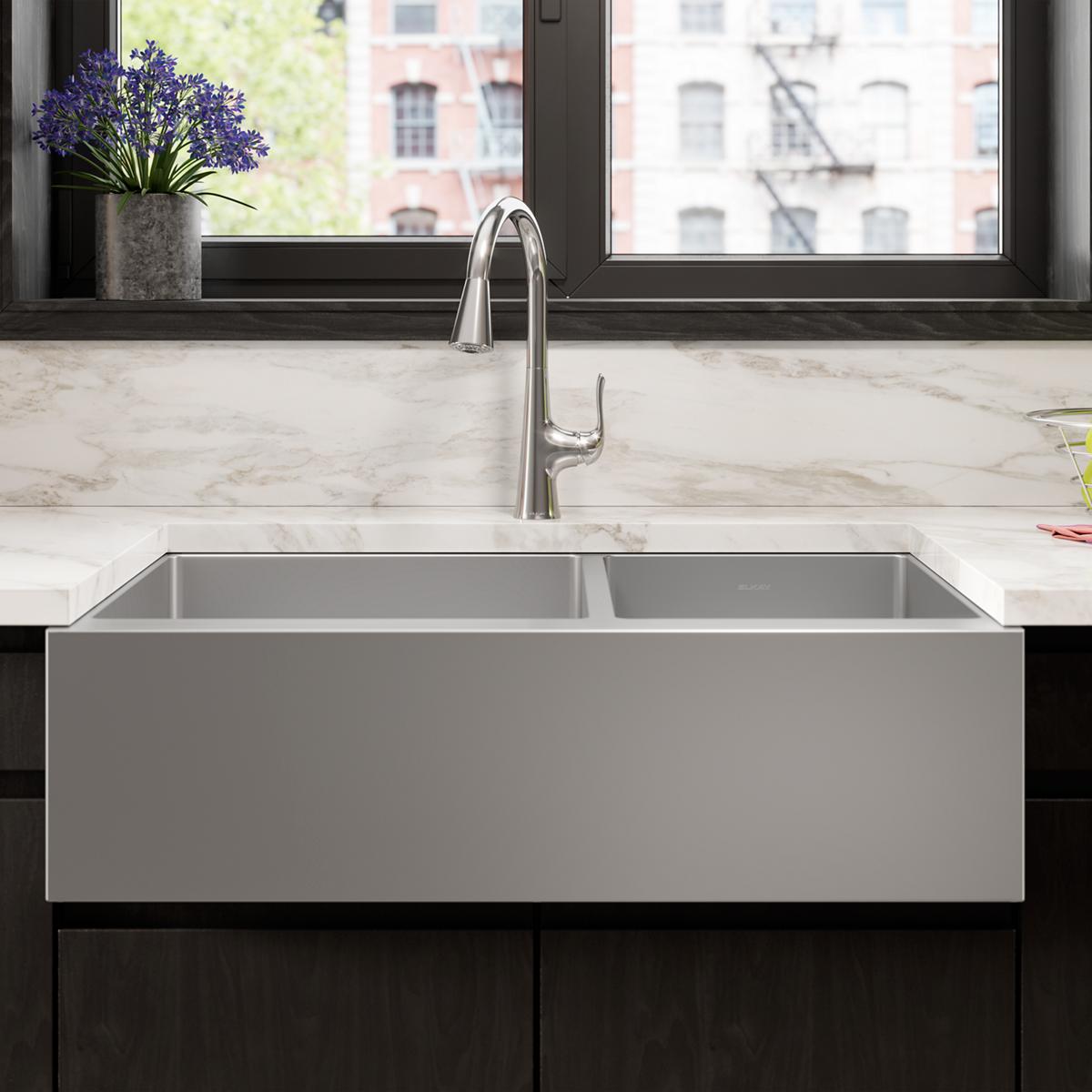 Elkay Crosstown 16 Gauge Double Bowl 35-7/8x20-1/4x9 Tall Farmhouse Sink Kit