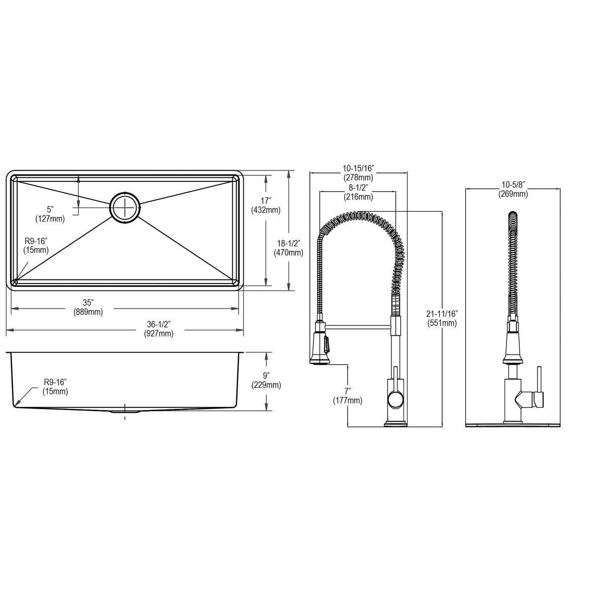 Elkay Crosstown Premium 18 Gauge Stainless Steel 36-1/2 x 18-1/2 x 9 Single Bowl Undermount Kitchen Sink and Faucet Kit with Bottom Grid and Drain