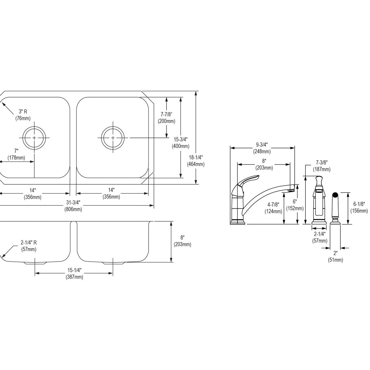 Elkay Dayton Premium Equal Double Bowl Undermount Kitchen Sink and Faucet Kit - 31-3/4 Inches x 18-1/4 Inches x 8 Inches