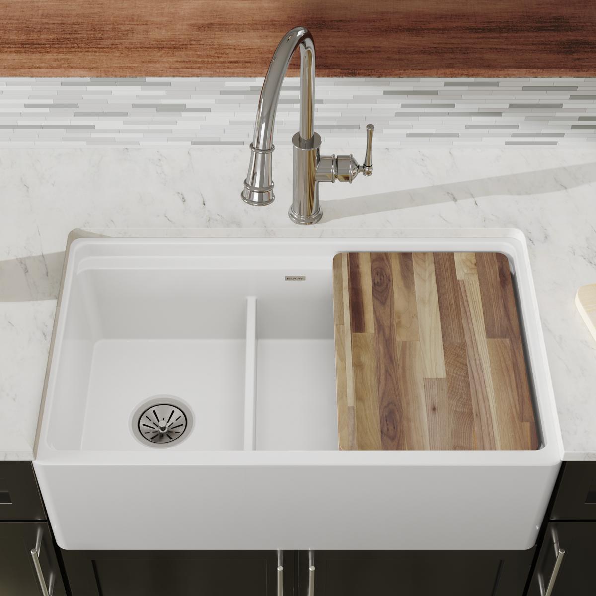 Elkay Premium Fireclay 33 x 19-15/16 x 9-3/16 Inch 60/40 Double Bowl Farmhouse Style Workstation Kitchen Sink with Aqua Divide
