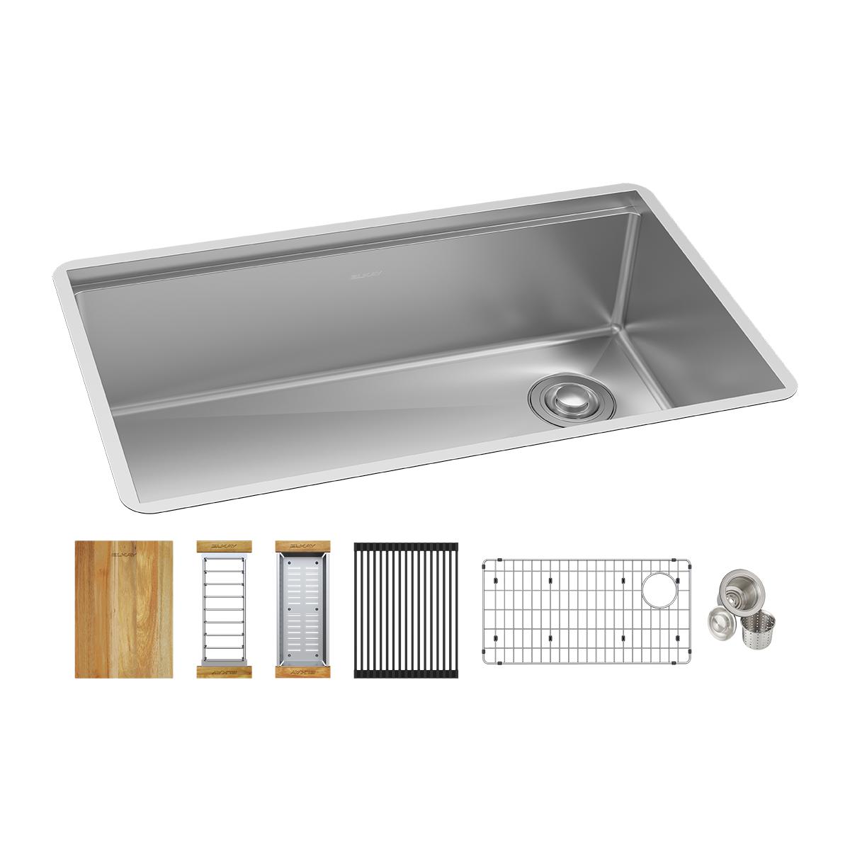 Elkay Crosstown Premium 18 Gauge Stainless Steel Single Bowl Undermount Workstation Sink Kit with Custom Accessories, Dimensions 31-1/2 x 18-1/2 x 9