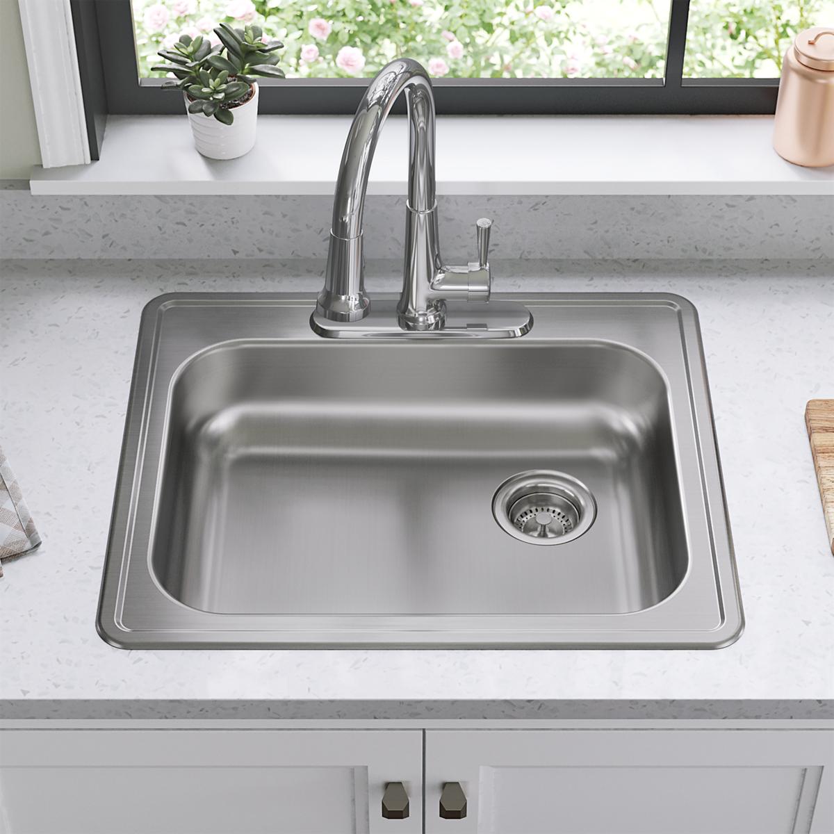 High - Quality Elkay Dayton 25 Inches by 21 and 1/4 Inches by 5 and 3/8 Inches MR2 - Hole Single Bowl Drop - in Kitchen Sink with Right - Hand Drain