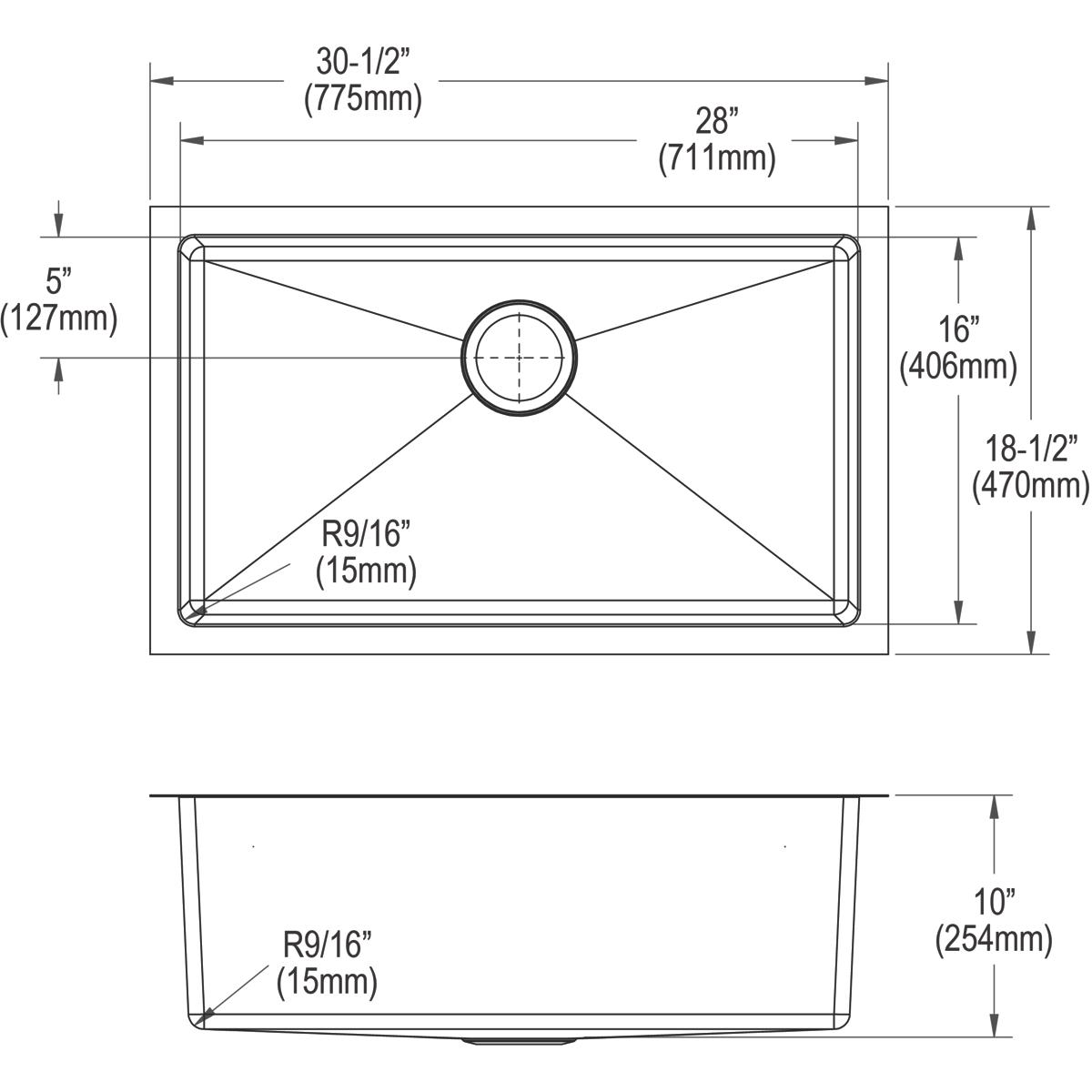 Elkay Crosstown Single Bowl Undermount Kitchen Sink Kit - 16 Gauge, 30.5 x 18.5 x 10 Inches