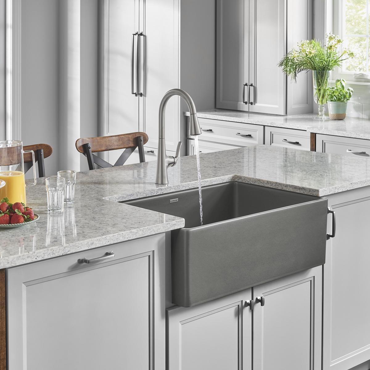 Elkay Fireclay Single Bowl Farmhouse Kitchen Sink in Elegant Gray, Measuring 30 x 19-15/16 x 9-1/8