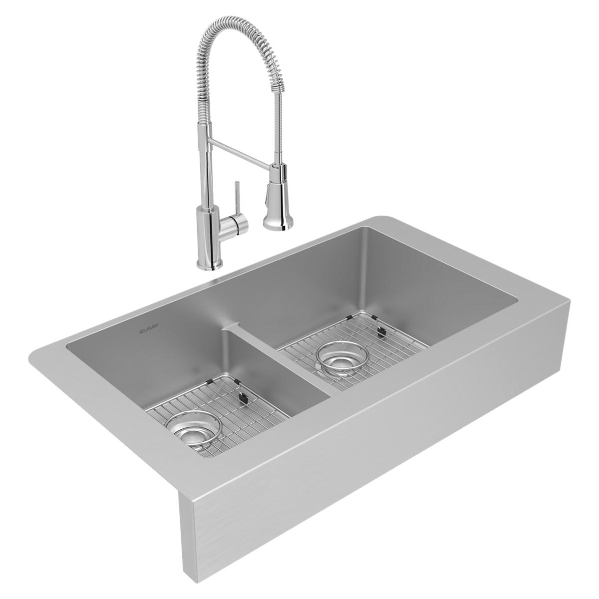 Elkay Crosstown High - Quality 18 Gauge 35 - 7/8 x 20 - 1/4 x 9 Inch Equal Double Bowl Farmhouse Kitchen Sink and Faucet Kit with Aqua Divider, Bottom Grid, and Drain