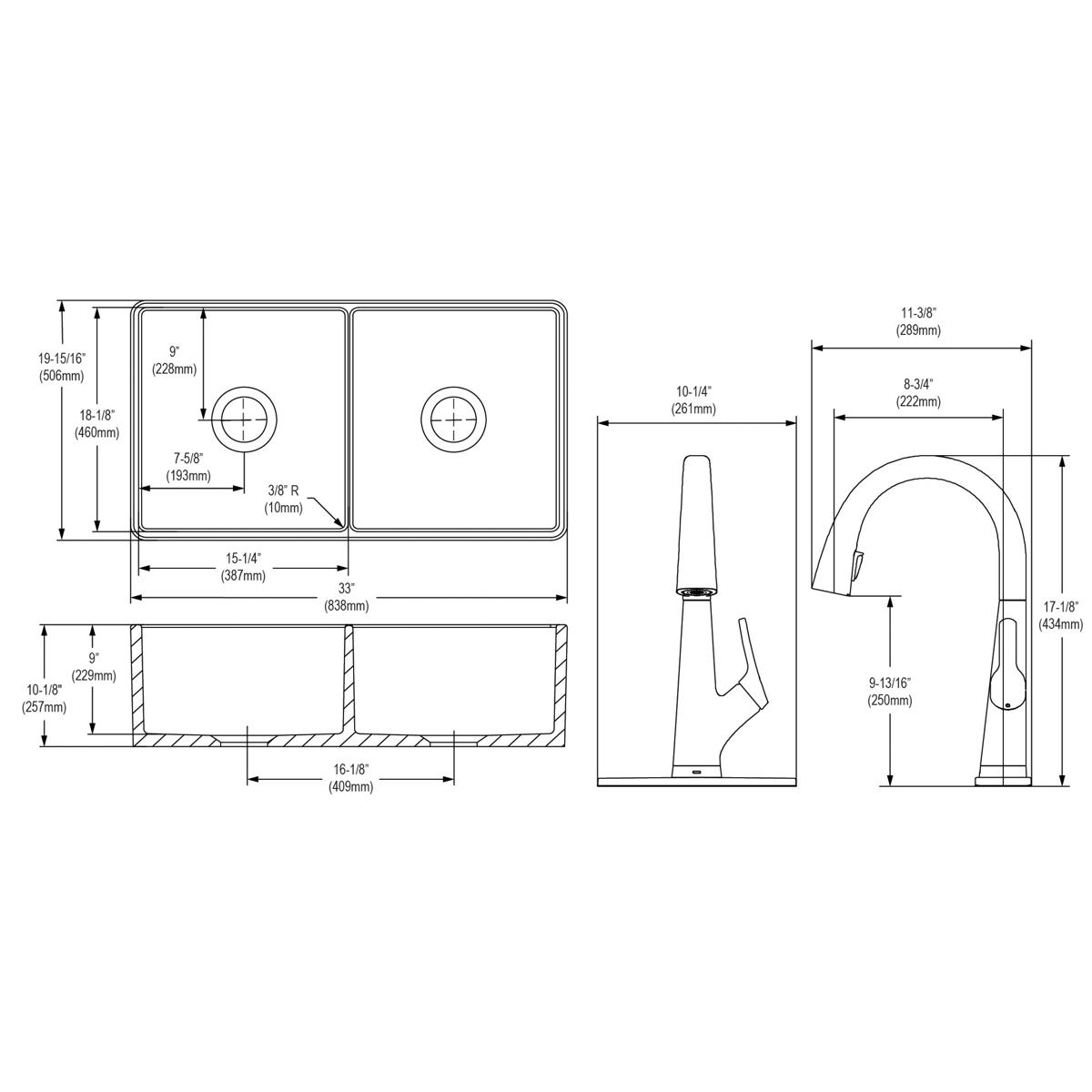 Elkay Premium Fireclay 33 x 19-15/16 x 9 Equal Double Bowl Farmhouse Kitchen Sink Kit with Filtered Kitchen Faucet