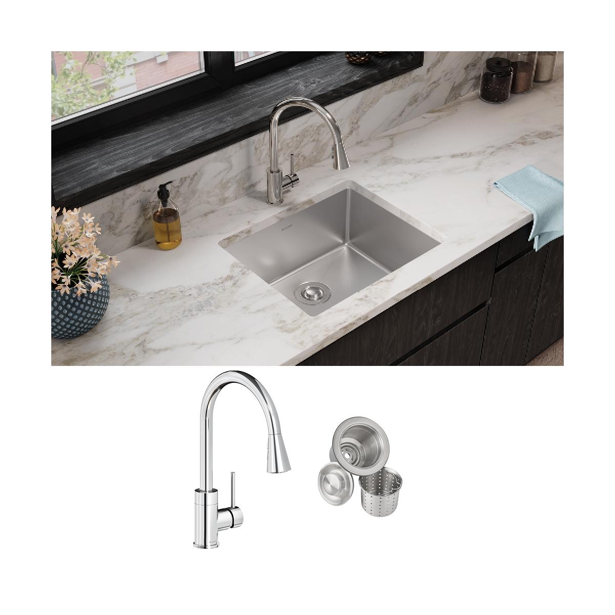 Elkay Crosstown Premium 18 Gauge Stainless Steel 22-1/2 x 18-1/2 x 9 Single Bowl Undermount Kitchen Sink and Faucet Kit with Drain for Home Use