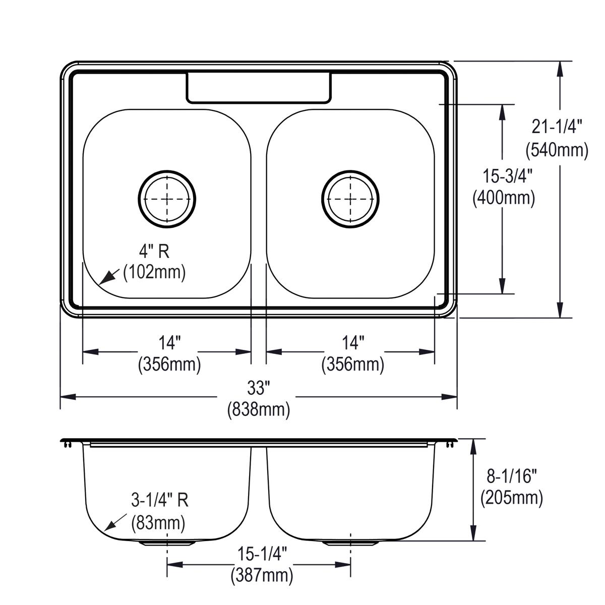 Elkay Dayton 33 Inches by 21 and 1/4 Inches by 8 and 1/16 Inches MR2-Hole Equal Double Bowl Drop-in Kitchen Sink