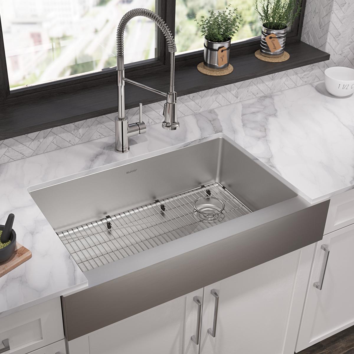 Elkay Crosstown 18 Gauge Single Bowl Farmhouse Kitchen Sink and Faucet Combo Set with Bottom Grid, Drain, and Care Kit (Dimensions: 35-7/8 x 20-1/4 x 9)