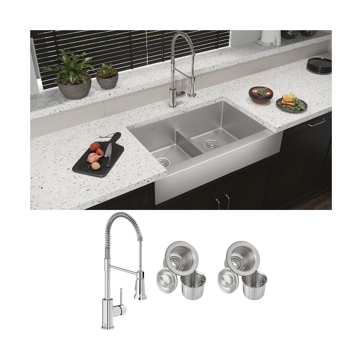 Elkay Crosstown 18-Gauge Equal Double Bowl Farmhouse Sink & Faucet Kit with Aqua Divide