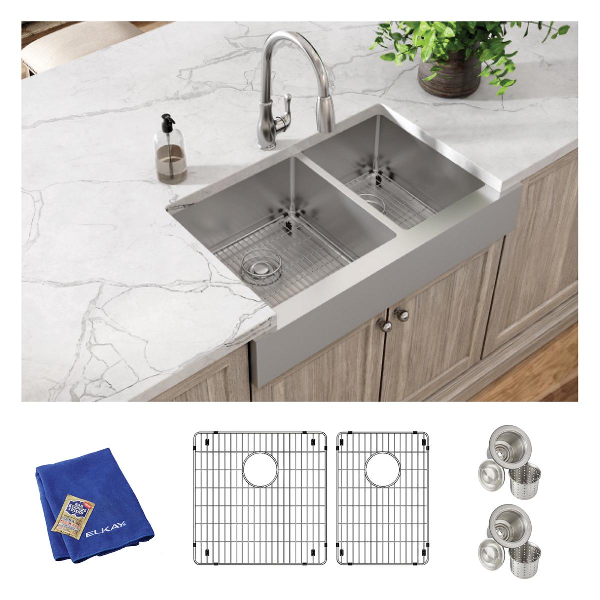 Elkay Crosstown 18 Gauge Stainless Steel 35-7/8 x 20-1/4 x 9 Inch 60/40 Double Bowl Farmhouse Kitchen Sink Kit for Modern Kitchens