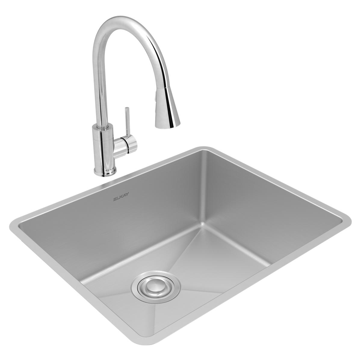 Elkay Crosstown Premium 18 Gauge Stainless Steel 22-1/2 x 18-1/2 x 9 Single Bowl Undermount Kitchen Sink and Faucet Kit with Drain for Home Use