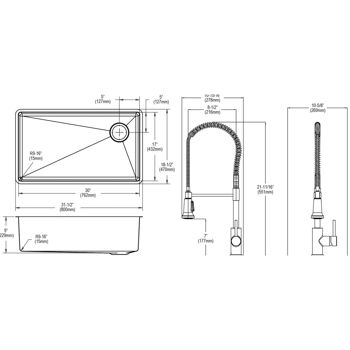 Elkay Crosstown Premium 18 Gauge Stainless Steel 31-1/2 x 18-1/2 x 9 Single Bowl Undermount Kitchen Sink and Faucet Kit Complete with Bottom Grid and Drain