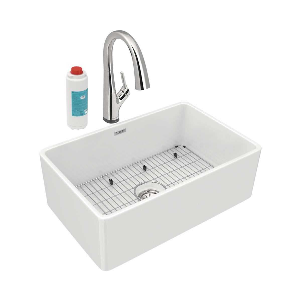 Elkay Premium Fireclay 30-Inch by 19-15/16-Inch by 9-1/8-Inch Single Bowl Farmhouse Kitchen Sink Kit with Filtered Kitchen Faucet