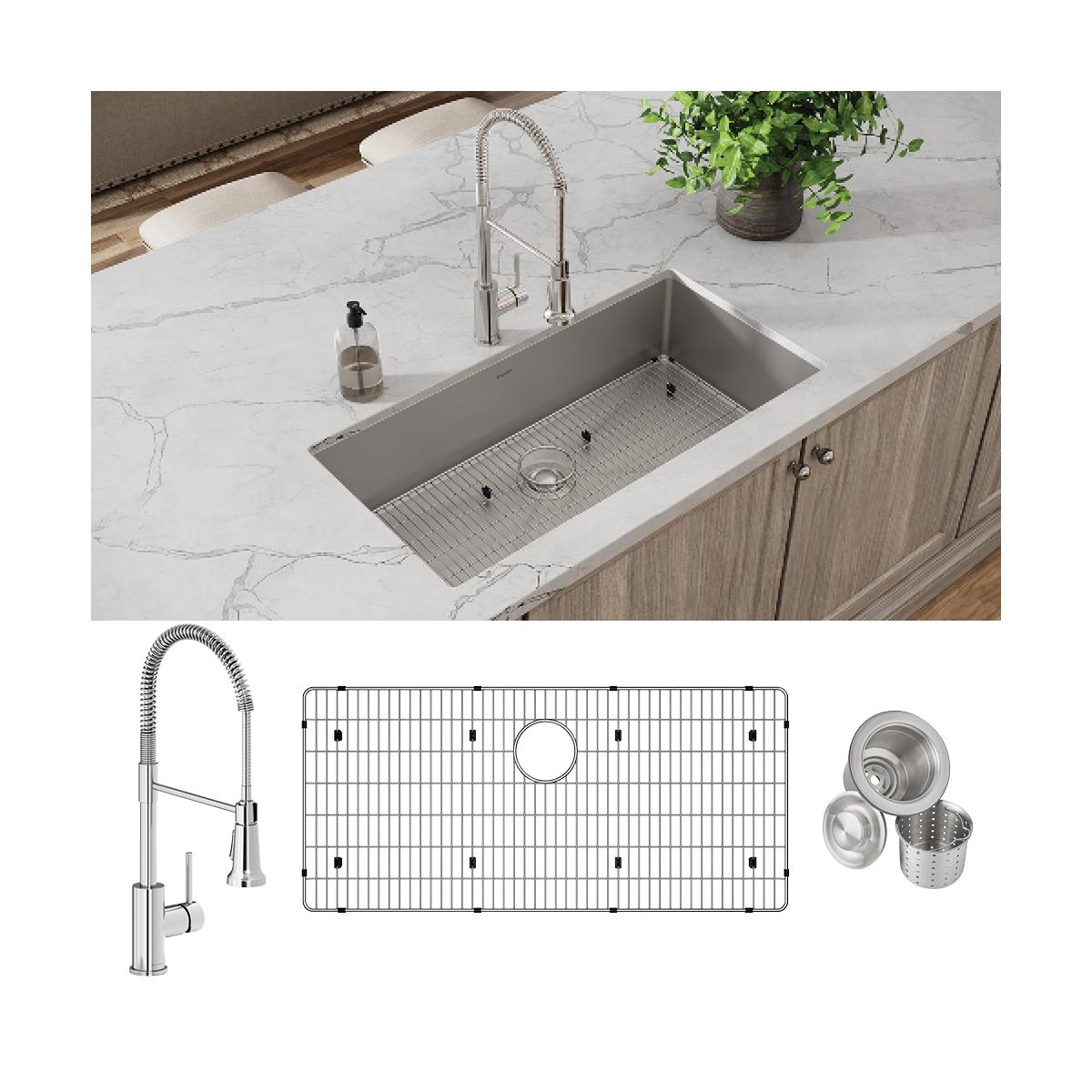 Elkay Crosstown Premium 18 Gauge Stainless Steel 36-1/2 x 18-1/2 x 9 Single Bowl Undermount Kitchen Sink and Faucet Kit with Bottom Grid and Drain