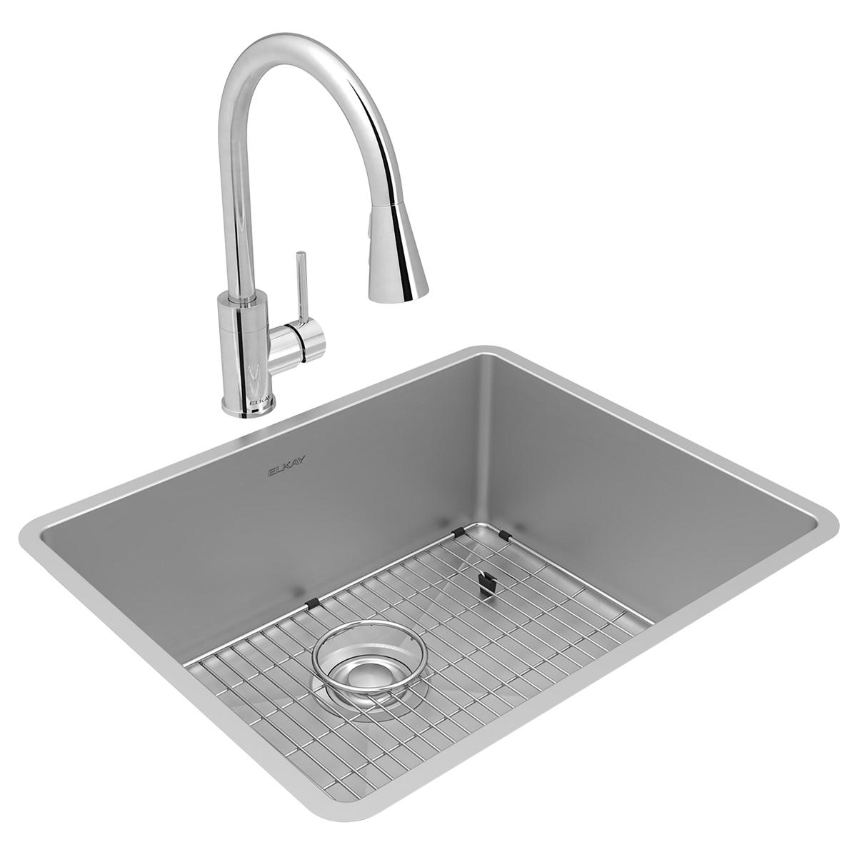 Elkay Crosstown Premium 18 Gauge Stainless Steel 22-1/2 x 18-1/2 x 9 Single Bowl Undermount Kitchen Sink and Faucet Kit with Bottom Grid and Drain