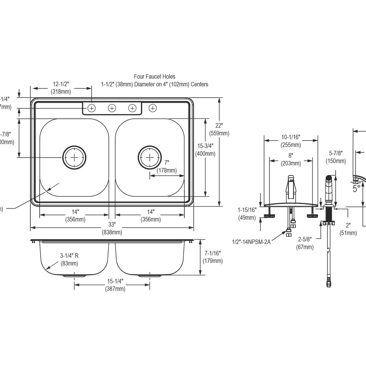 Elkay Dayton 33 x 22 x 7-1/16 Equal Double Bowl Drop-in Sink: Durable & Functional