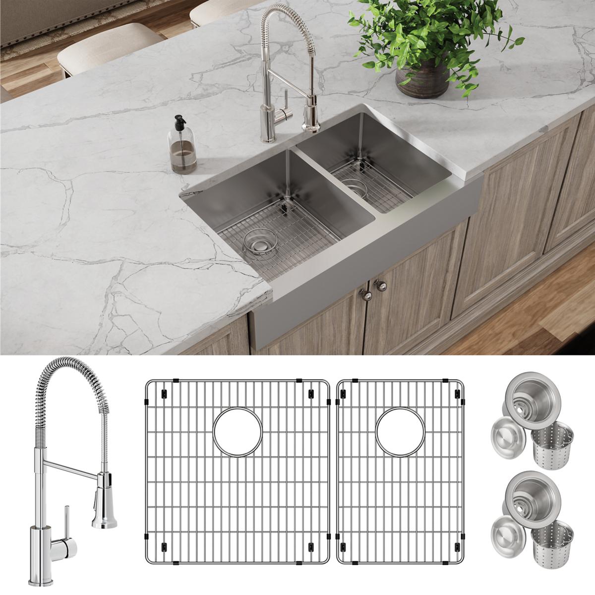 Elkay Crosstown 18 Gauge 35-7/8x20-1/4x9 60/40 Double Bowl Farmhouse Sink Kit with Faucet, Grid & Drain