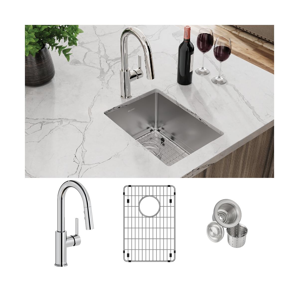 Elkay Crosstown Single Bowl Undermount Bar Sink and Faucet Set with Bottom Grid and Drain - 18 Gauge, 13.5 x 18.5 x 9 Dimensions