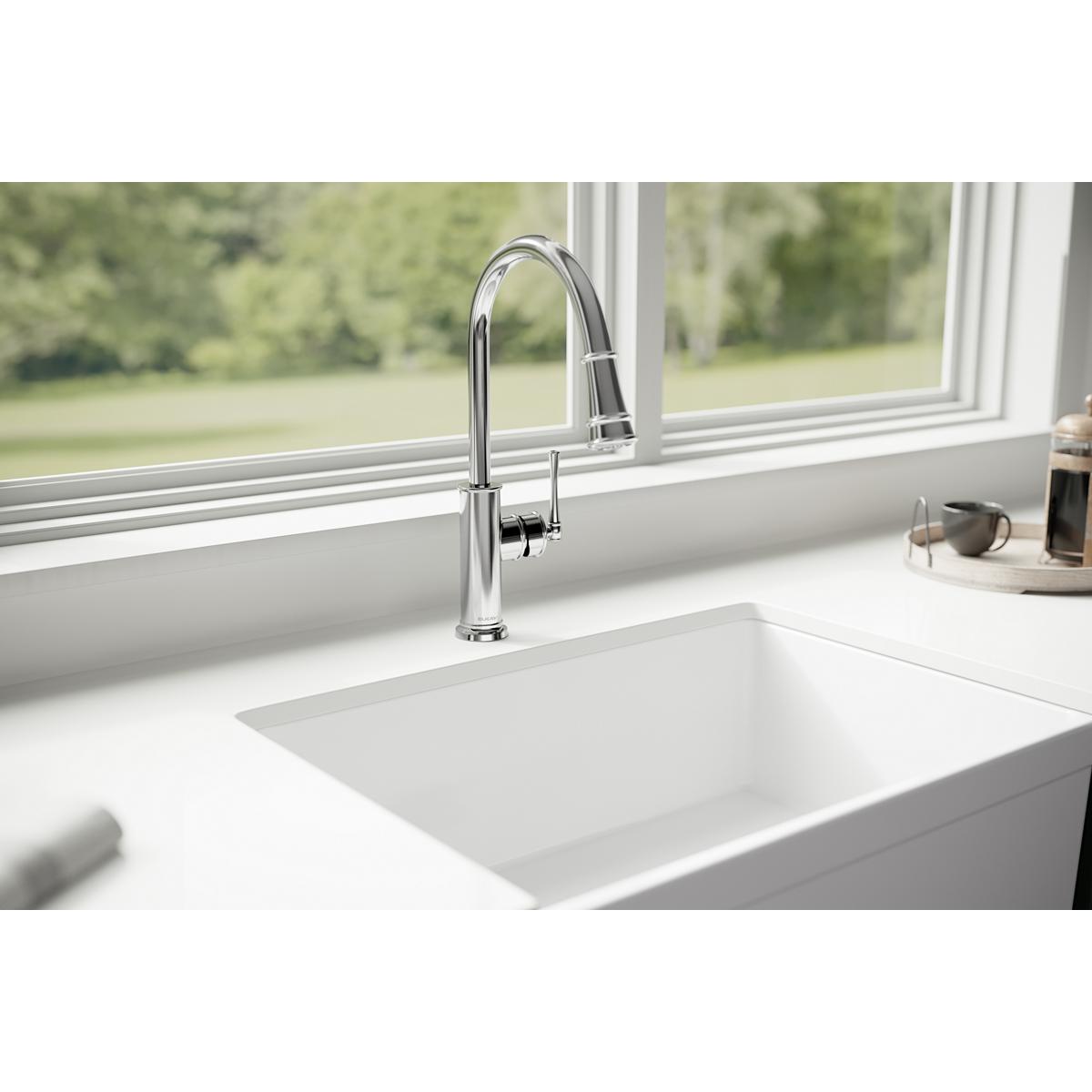 Elkay Explore Single-Hole Kitchen Sink Faucet Featuring a Pull-Down Sprayer and a Forward-Only Lever Handle for Enhanced Kitchen Utility