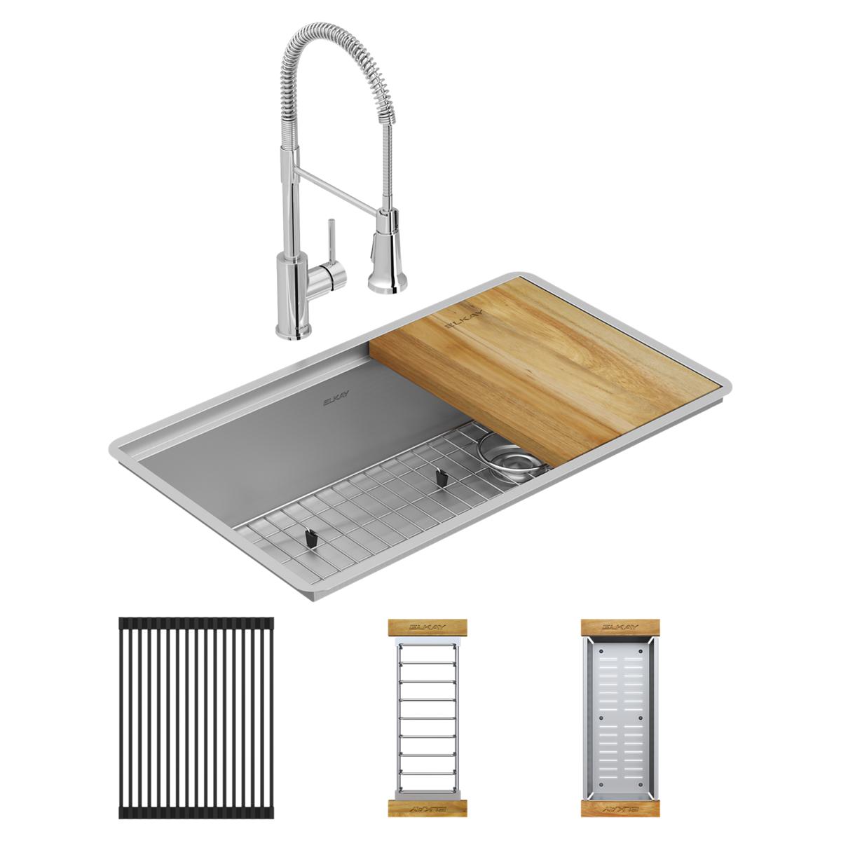 Elkay Crosstown 18 Gauge Stainless Steel Single Bowl Undermount Workstation Sink with Faucet and Accessories Kit for Modern Kitchens