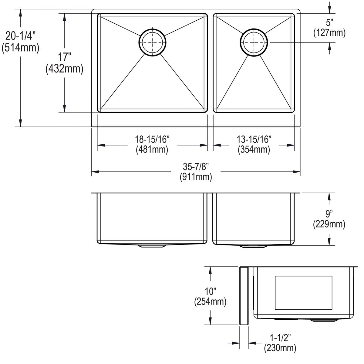 Elkay Crosstown 16 Gauge Double Bowl 35-7/8x20-1/4x9 Tall Farmhouse Sink Kit