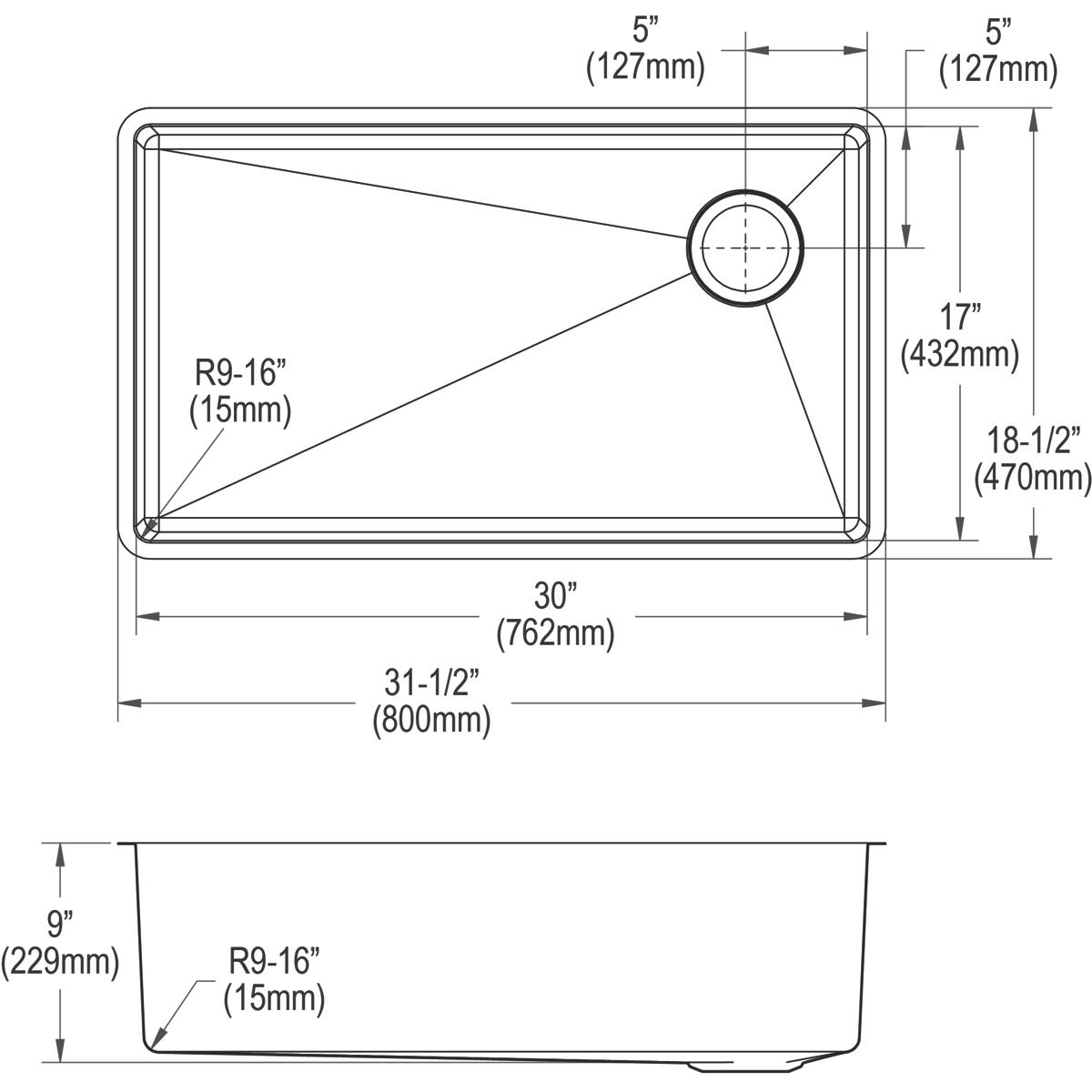 Elkay Crosstown 18 Gauge Single Bowl Undermount Sink Kit - 31.5 x 18.5 x 9