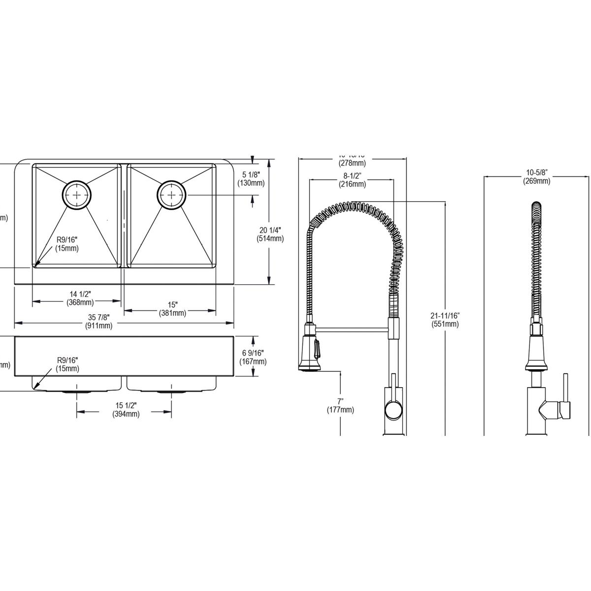 Elkay Crosstown High - Quality 18 Gauge 35 - 7/8 x 20 - 1/4 x 9 Inch Equal Double Bowl Farmhouse Kitchen Sink and Faucet Kit with Aqua Divider, Bottom Grid, and Drain