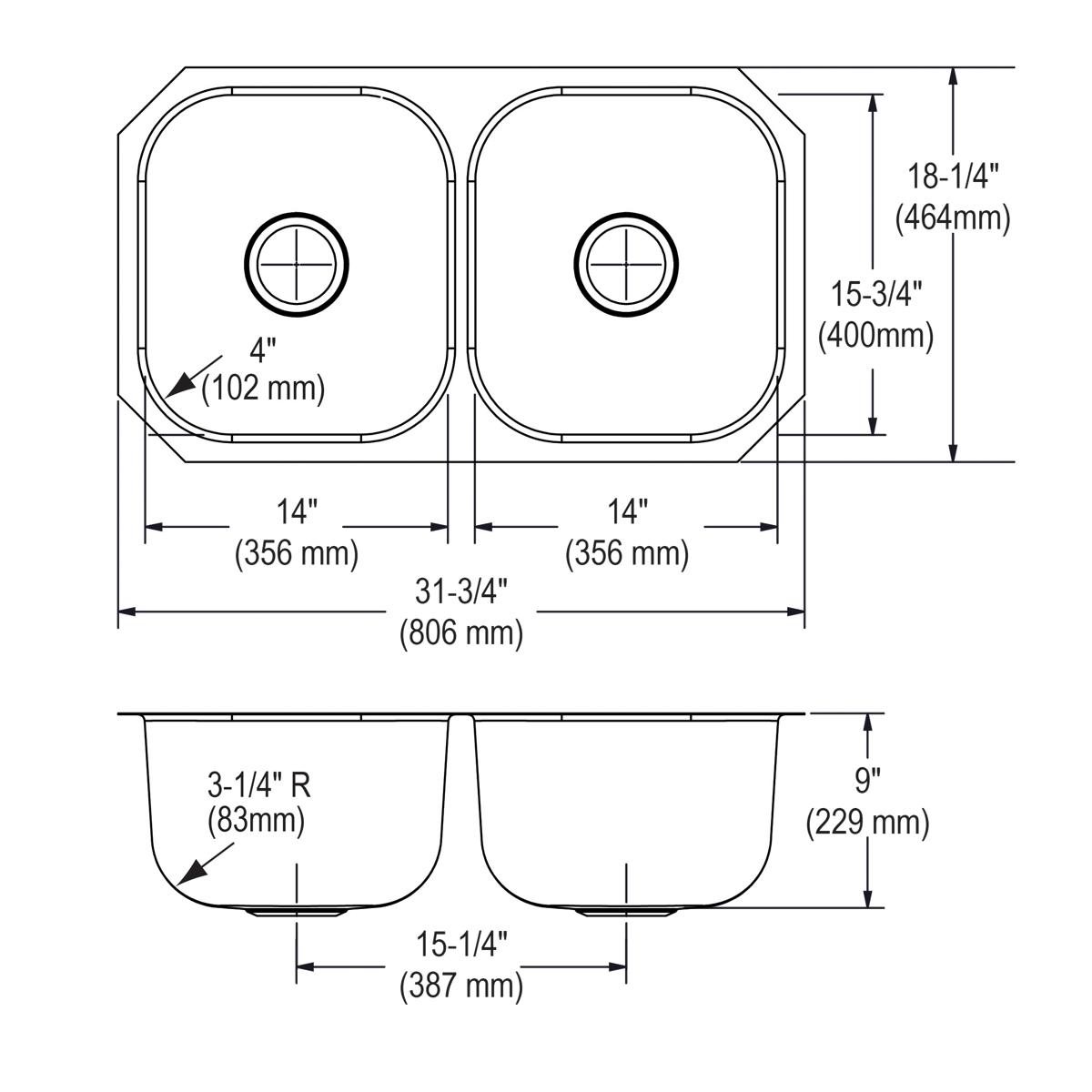 Elkay Dayton Premium Quality 31-3/4 x 18-1/4 x 9 Equal Double Bowl Undermount Kitchen Sink