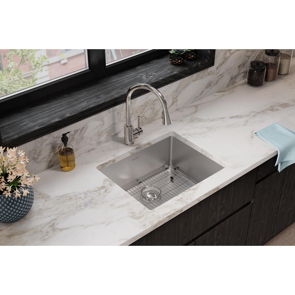 Elkay Crosstown Premium 18 Gauge Stainless Steel 22-1/2 x 18-1/2 x 9 Single Bowl Undermount Kitchen Sink and Faucet Kit with Bottom Grid and Drain