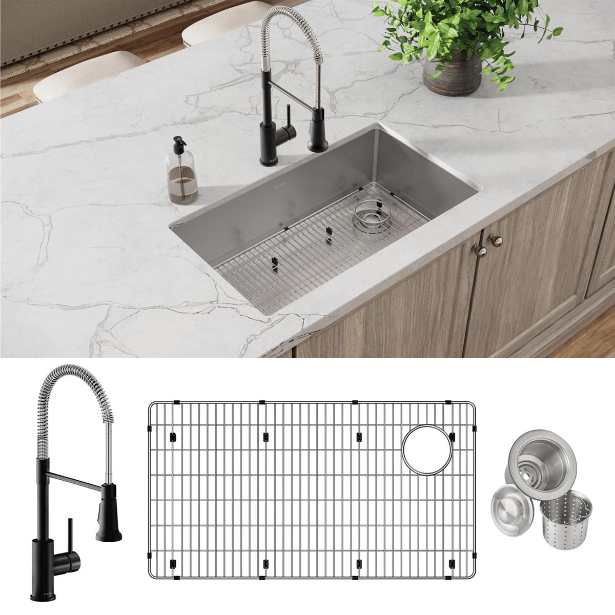 Elkay Crosstown Premium 18 Gauge Stainless Steel 31-1/2 x 18-1/2 x 9 Single Bowl Undermount Kitchen Sink and Faucet Kit Complete with Bottom Grid and Drain