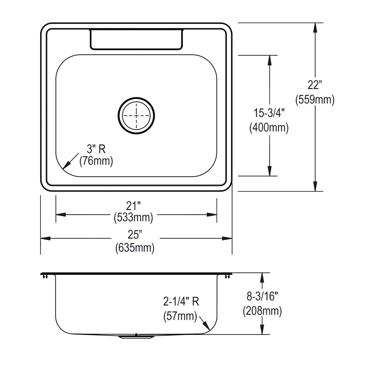 Elkay Dayton High - Quality Stainless Steel 25 x 22 x 8 - 3/16 Inch MR2 - Hole Single Bowl Drop - in Kitchen Sink