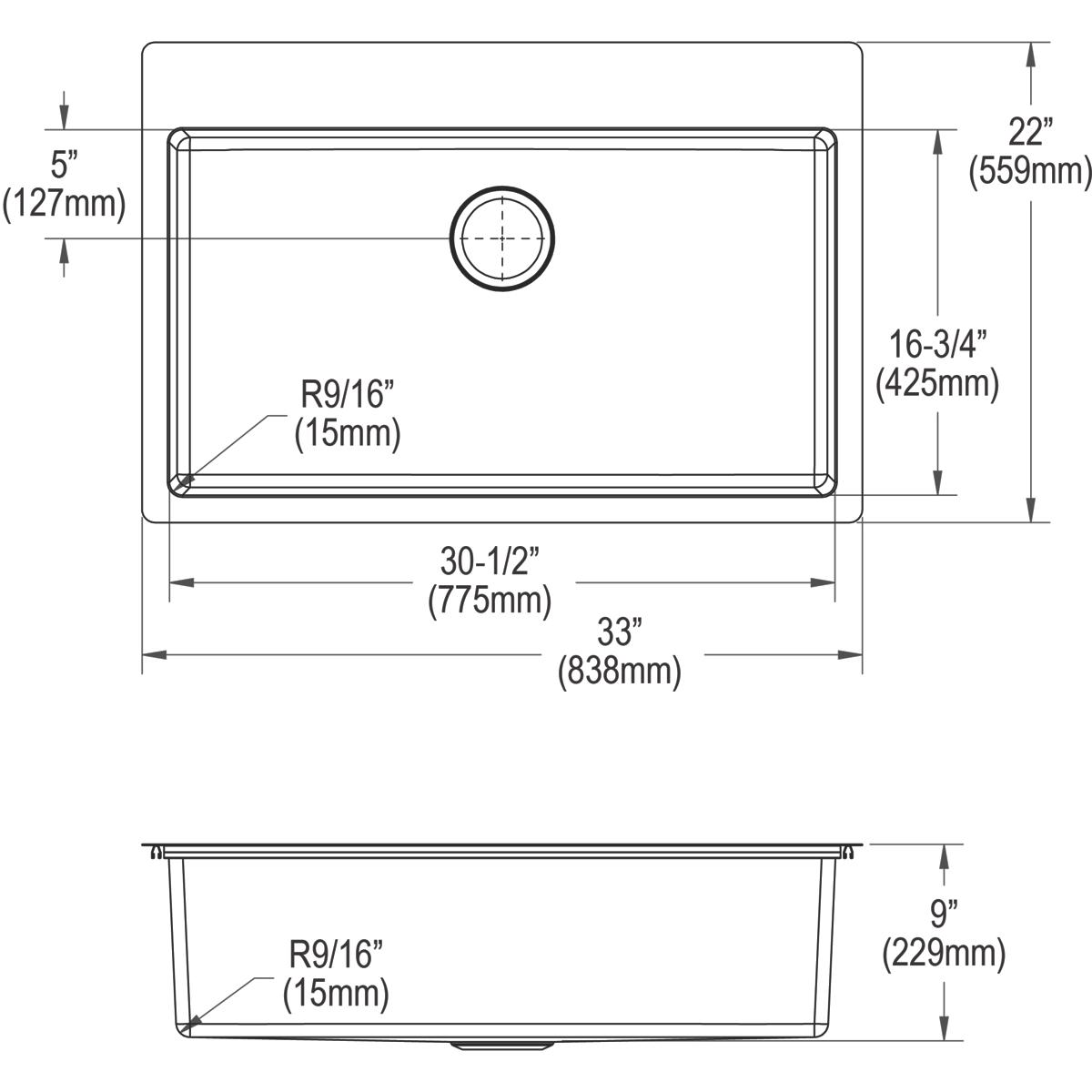 Elkay Crosstown Premium 18 Gauge Stainless Steel 33 x 22 x 9 Inch FR2-Hole Single Bowl Dual Mount Kitchen Sink Kit