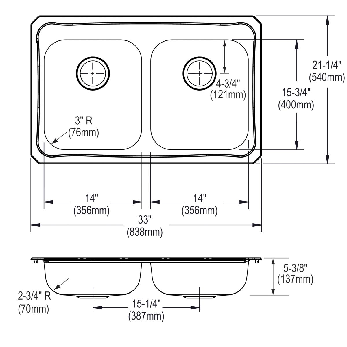 Elkay Celebrity 33 x 21-1/4 x 5-3/8 High-Durability Equal Double Bowl Drop-in Kitchen Sink