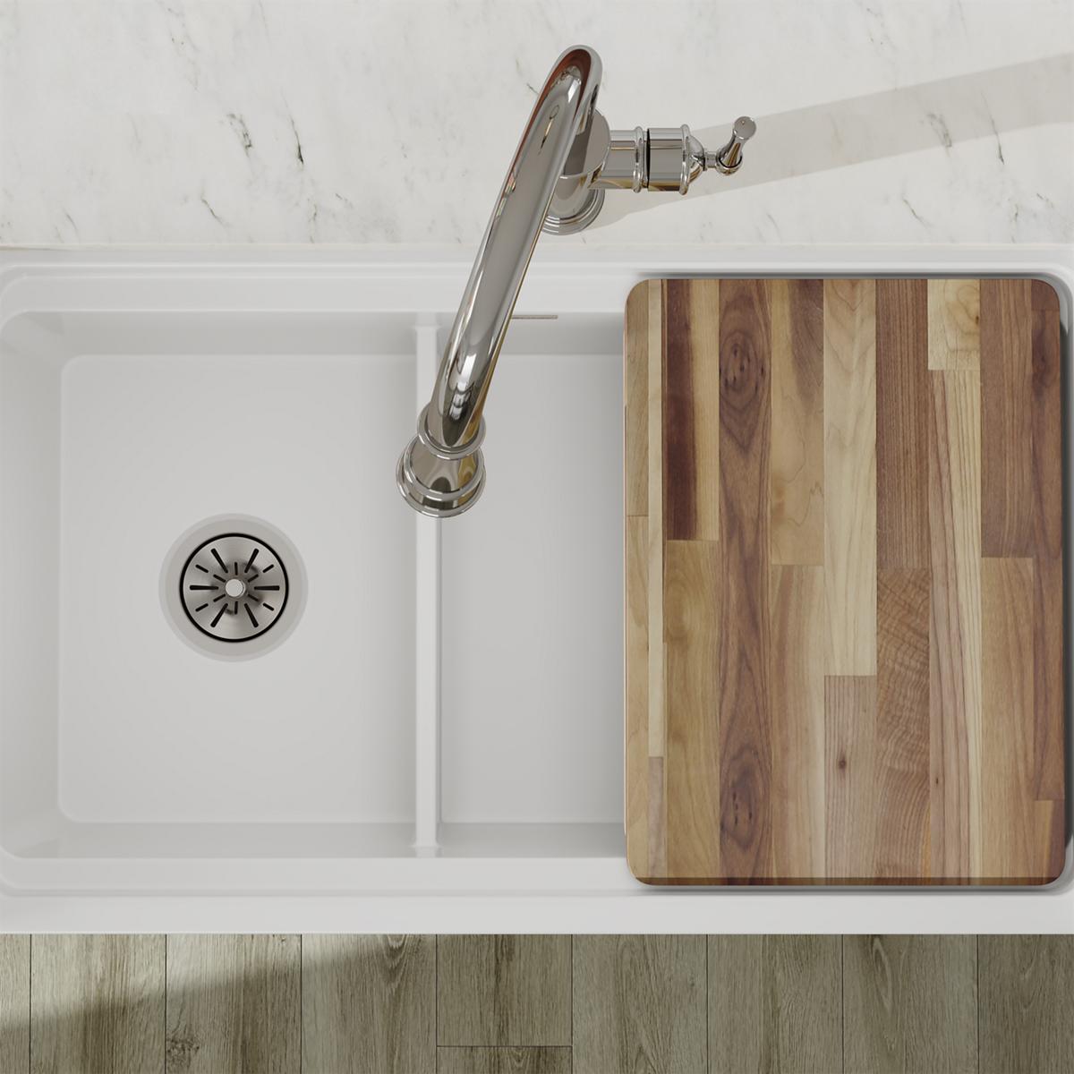 Elkay Premium Fireclay 33 x 19-15/16 x 9-3/16 Inch 60/40 Double Bowl Farmhouse Style Workstation Kitchen Sink with Aqua Divide