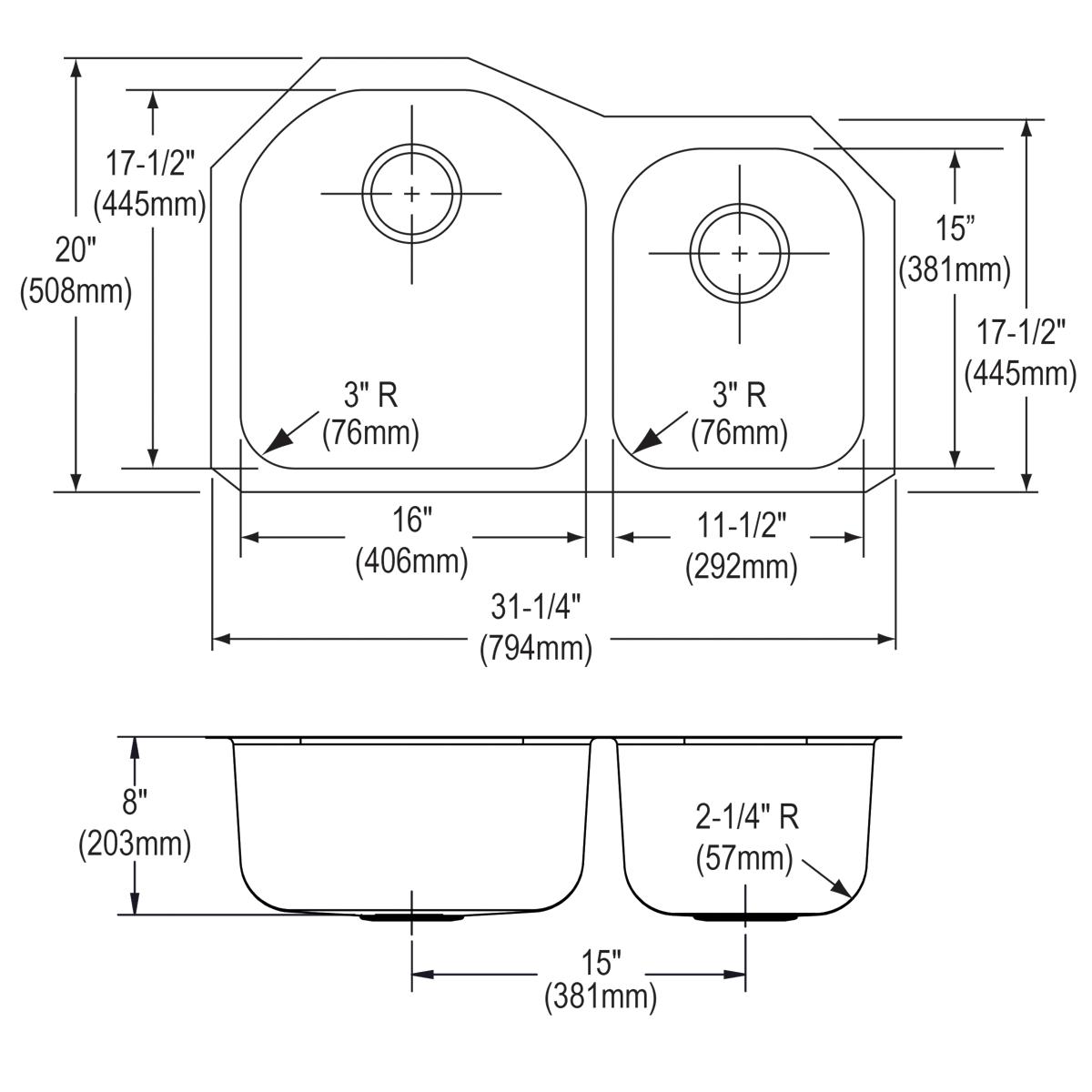 Elkay Dayton 31-1/4 x 20 x 8 Offset 60/40 Double Bowl Undermount Stainless Steel Kitchen Sink