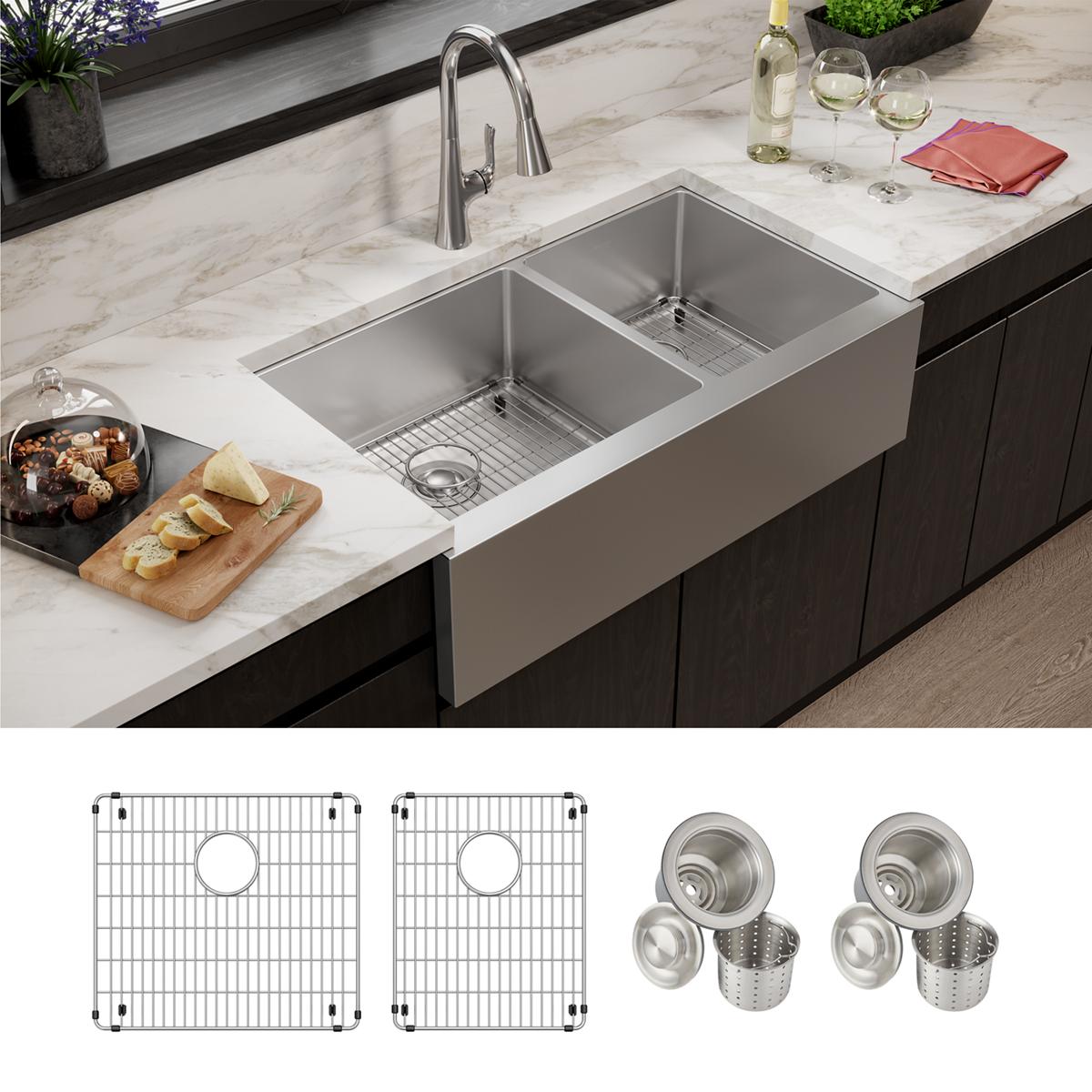 Elkay Crosstown 16 Gauge Double Bowl 35-7/8x20-1/4x9 Tall Farmhouse Sink Kit