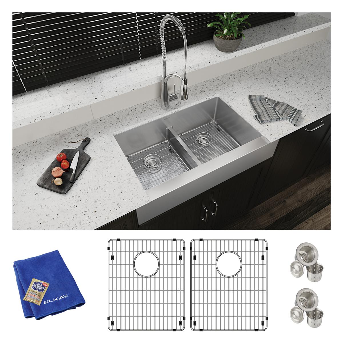 Elkay Crosstown 18-Gauge Equal Double Bowl Farmhouse Sink Kit with Aqua Divide, 35-7/8 x 20-1/4 x 9