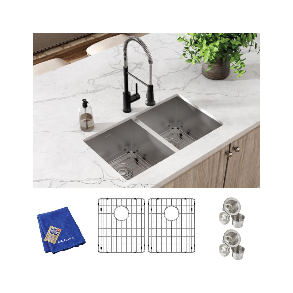 Elkay Crosstown High - Quality 16 Gauge Stainless Steel 30 - 3/4 x 18 - 1/2 x 10 Equal Double Bowl Undermount Kitchen Sink Kit
