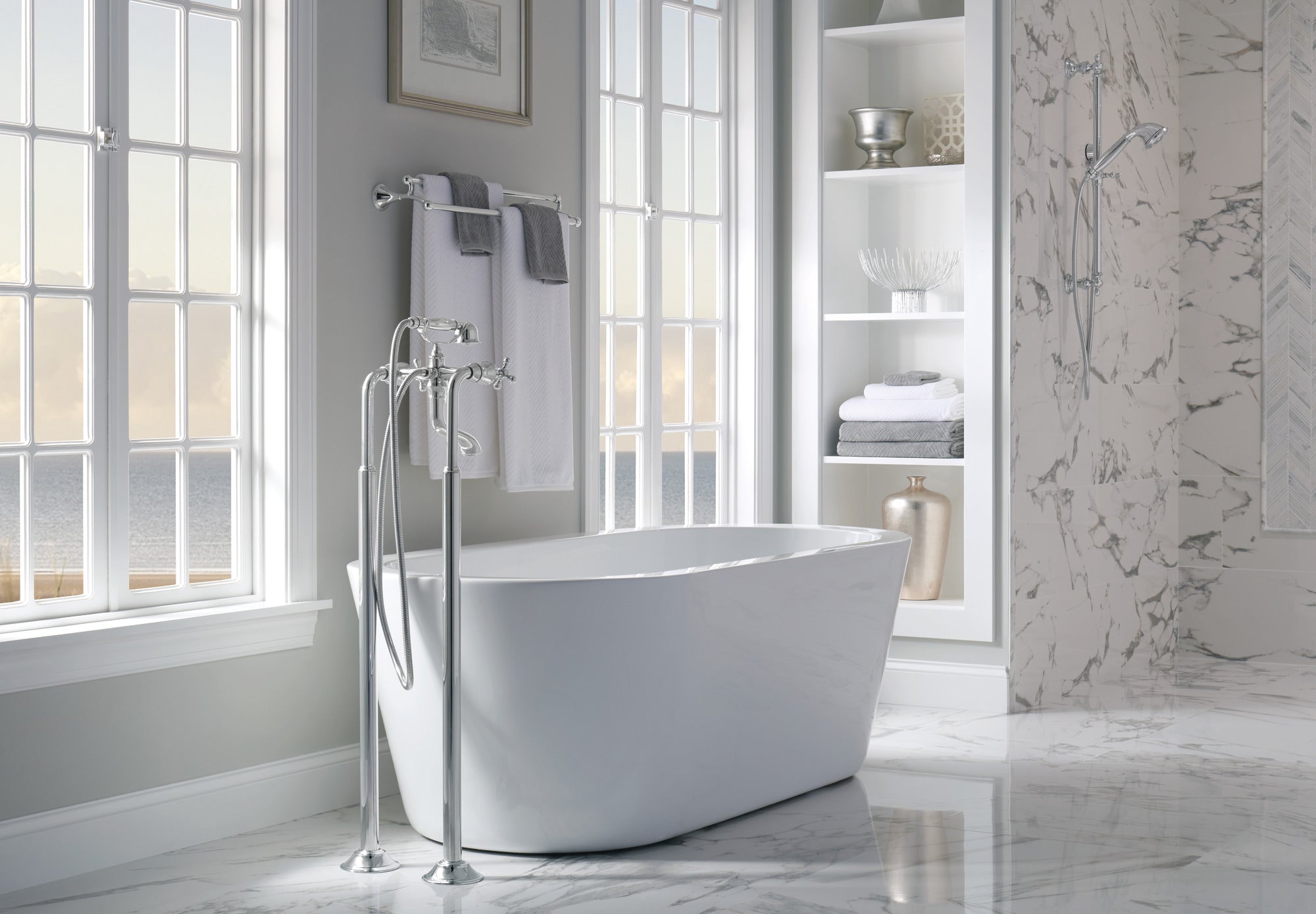 Brizo Tresa Luxury Two-Handle Tub Filler Trim Kit Featuring Cross Handles for Elegant Bathroom Settings