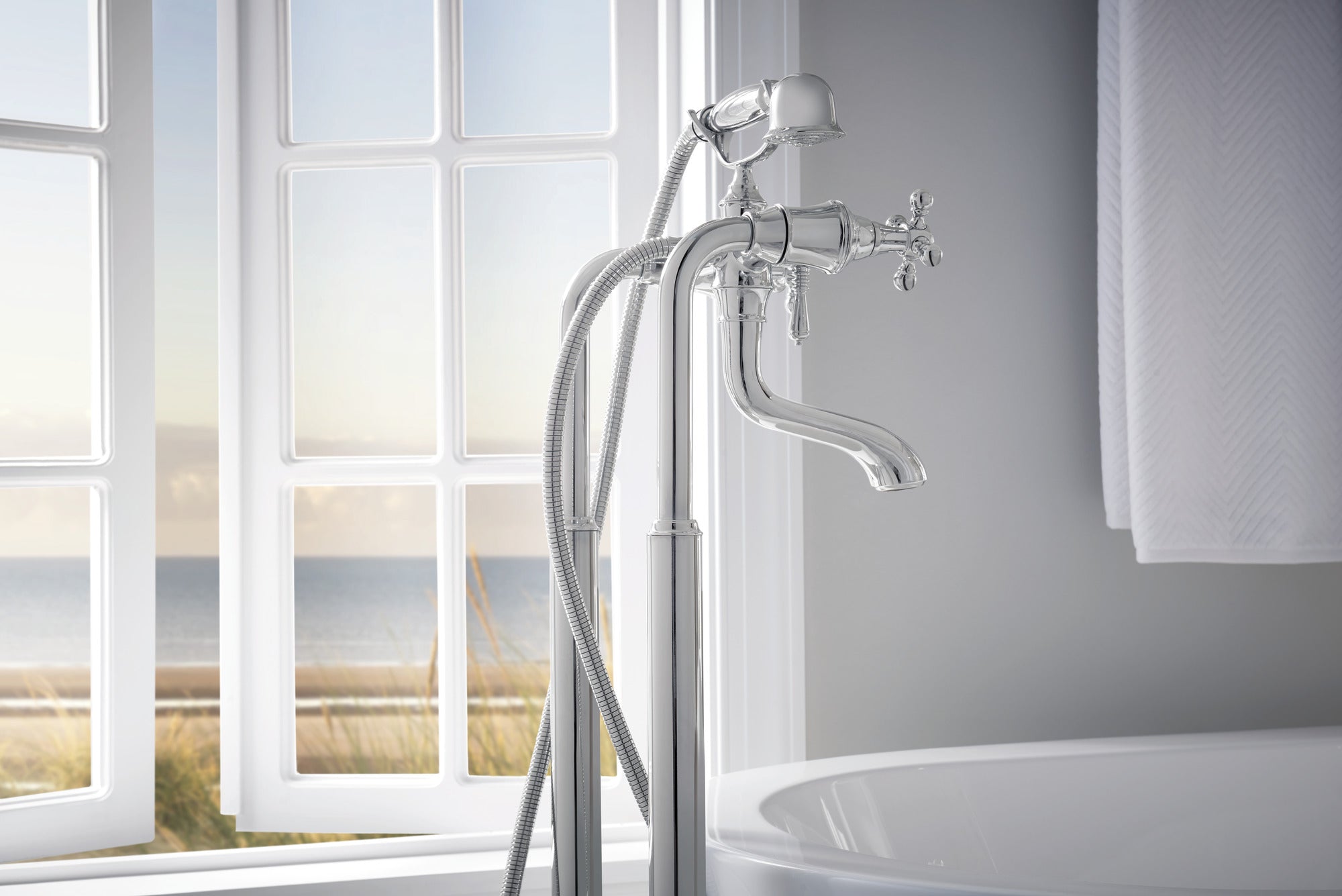Brizo Tresa Luxury Two-Handle Tub Filler Trim Kit Featuring Cross Handles for Elegant Bathroom Settings
