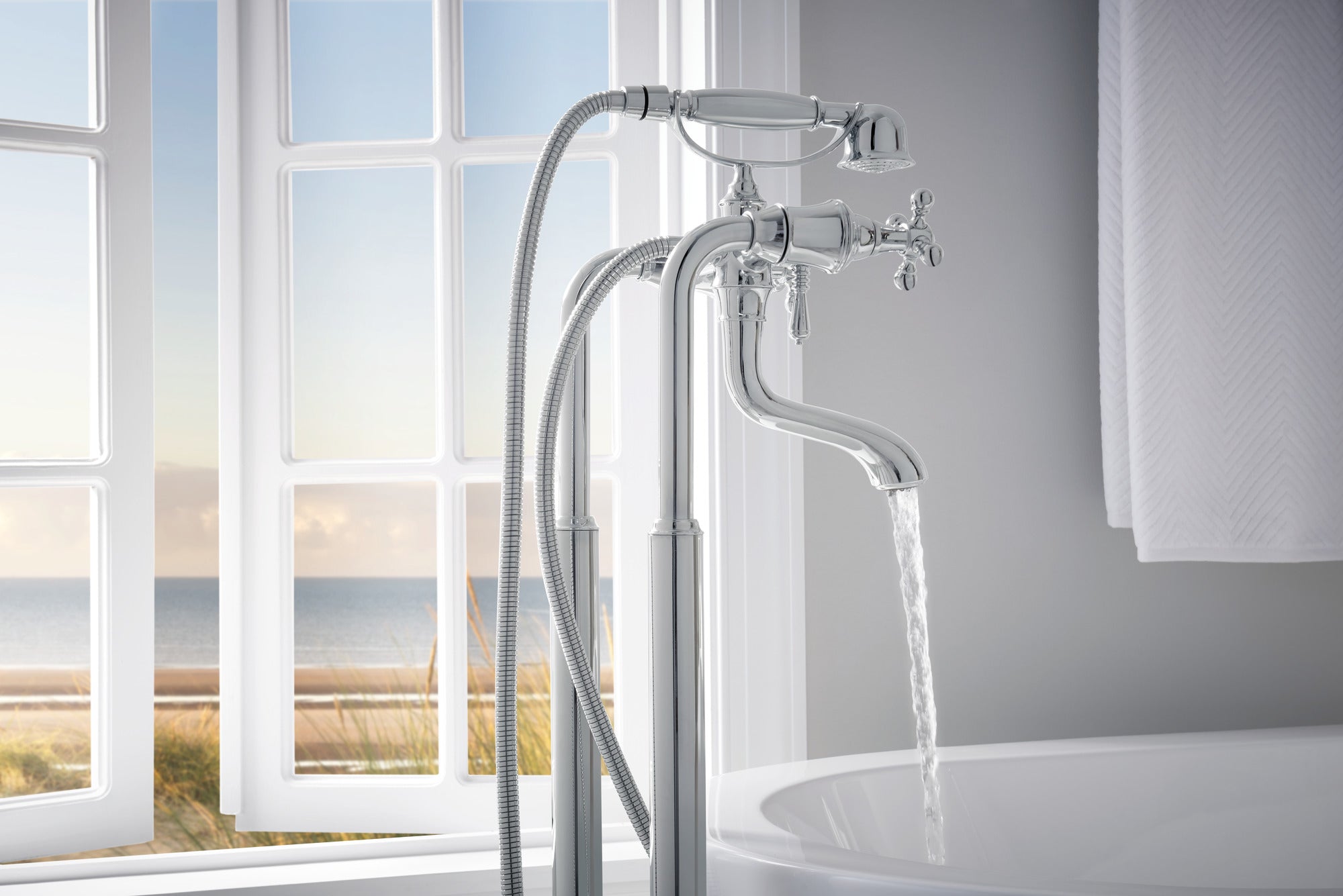 Brizo Tresa Luxury Two-Handle Tub Filler Trim Kit Featuring Cross Handles for Elegant Bathroom Settings