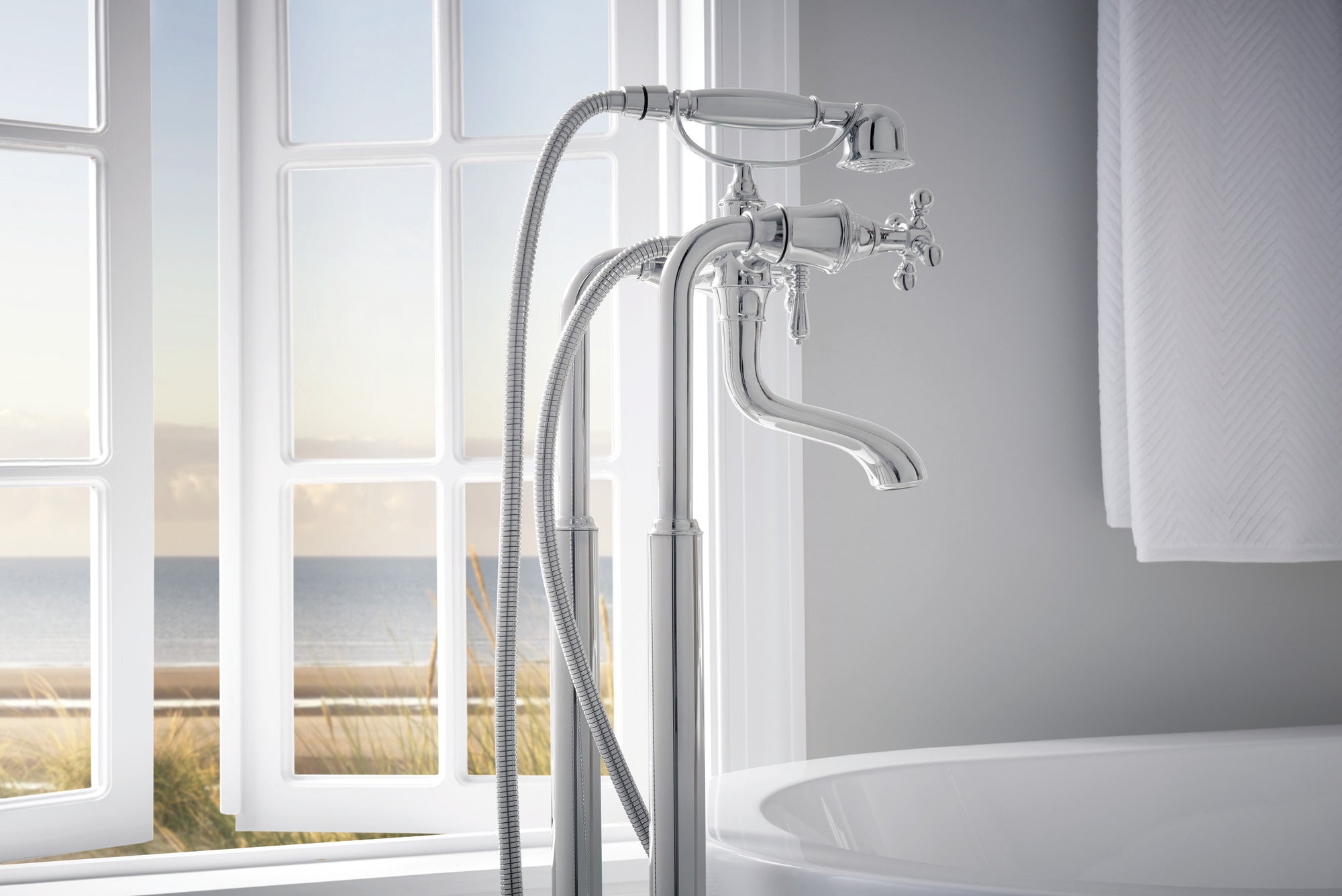Brizo Tresa Luxury Two-Handle Tub Filler Trim Kit Featuring Cross Handles for Elegant Bathroom Settings