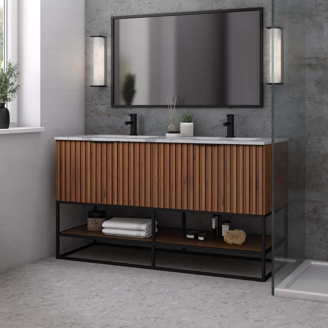 Bemma Terra 60-Inch Double Bathroom Vanity Set in Walnut Finish with Matte Black Hardware