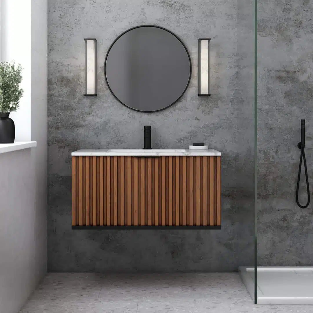 Bemma Terra 36-Inch Wall-Mounted Single Bathroom Vanity Set in Walnut Finish with Matte Black Accents, Ideal for Modern Bathrooms