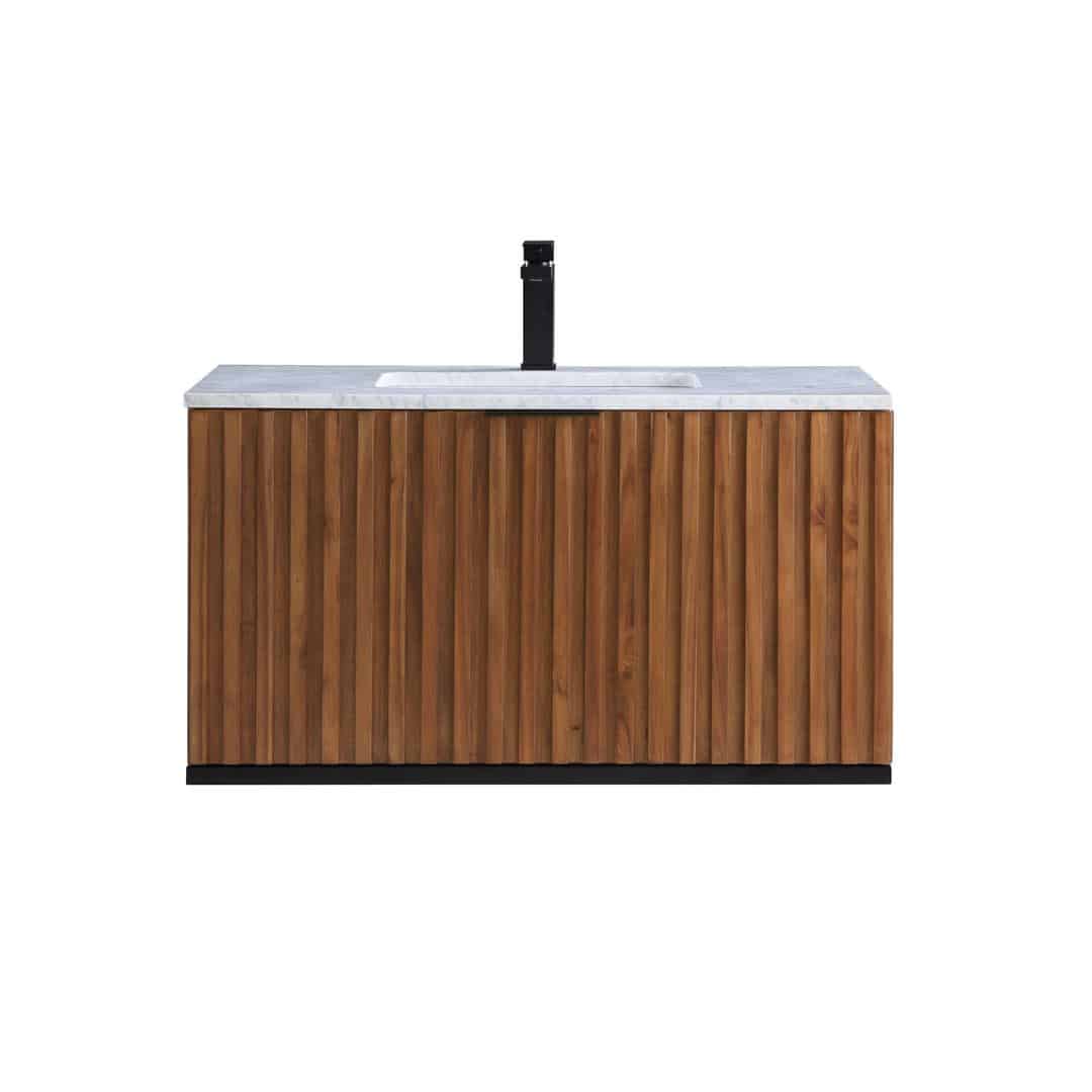Bemma Terra 36-Inch Wall-Mounted Single Bathroom Vanity Set in Walnut Finish with Matte Black Accents, Ideal for Modern Bathrooms