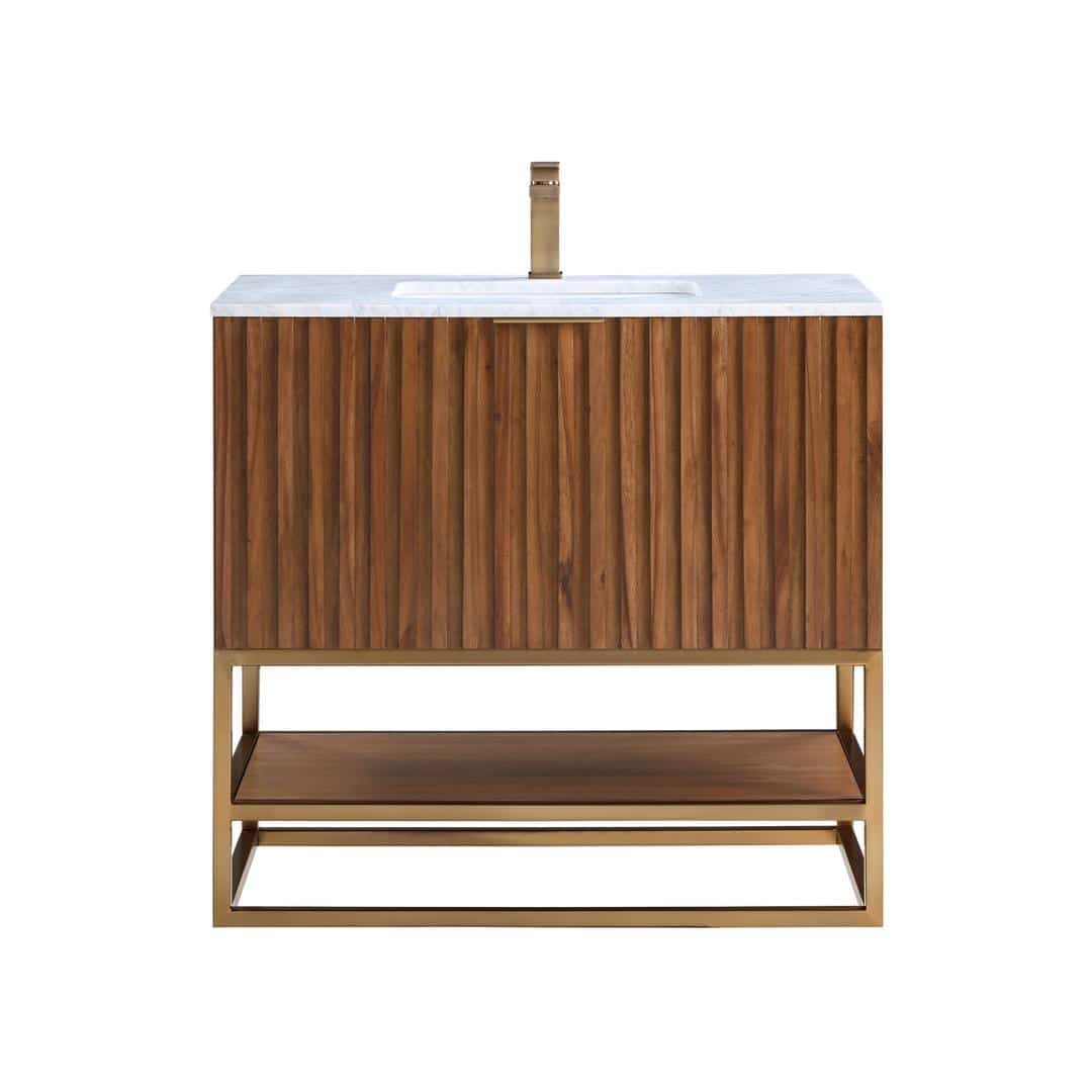 Bemma Terra 36-Inch Single Walnut Bathroom Vanity Set with Satin Brass Accents