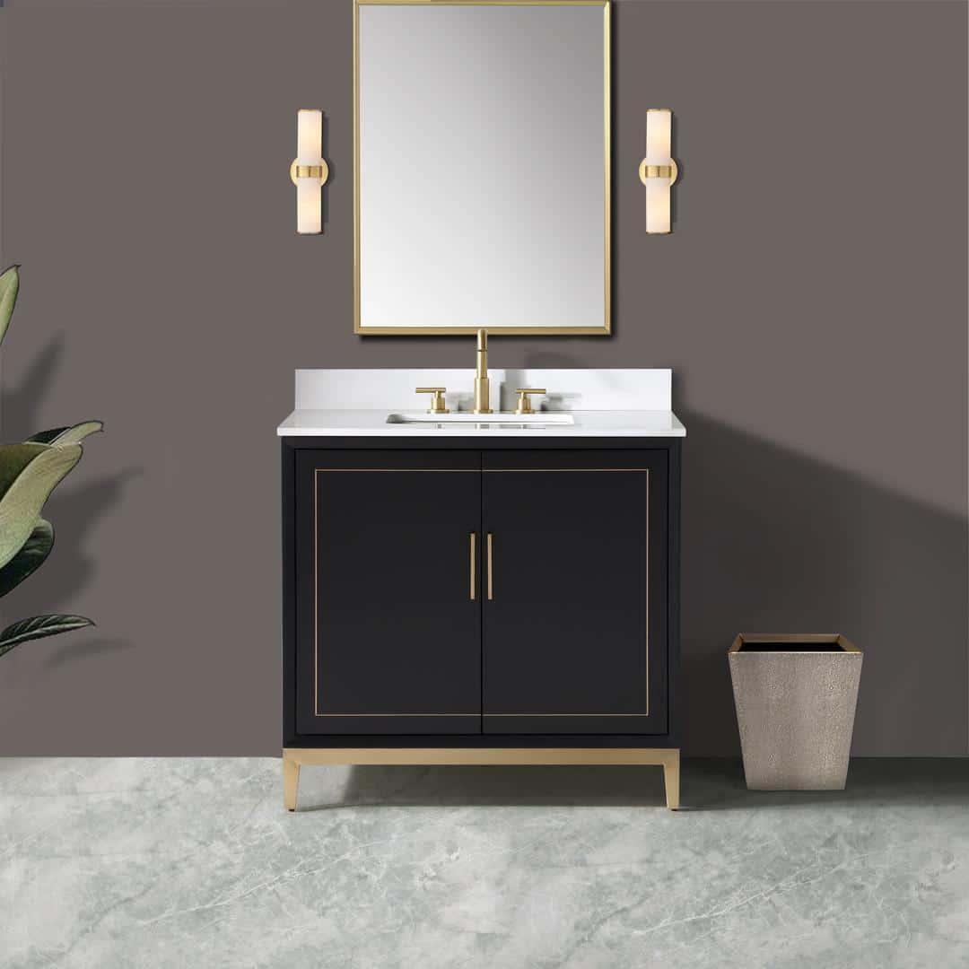 Bemma Gracie 36-Inch Single Bathroom Vanity Set in Midnight Black Color with Satin Brass Decorative Trim